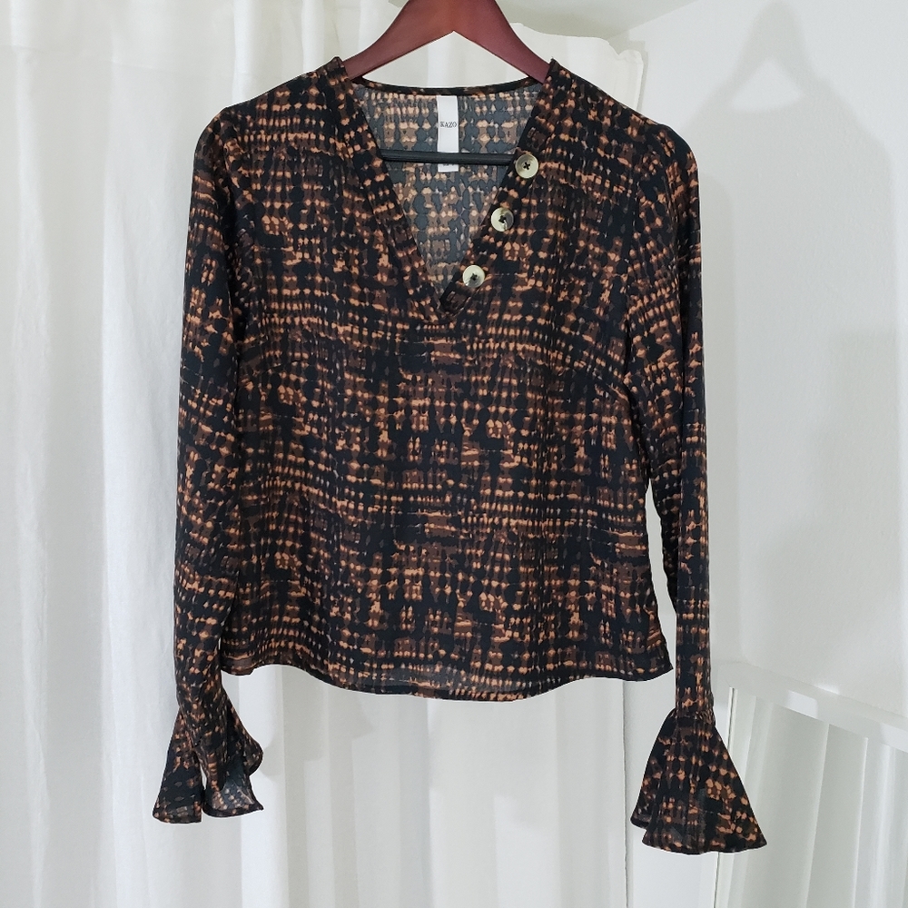 KAZO Long Sleeve V-Neck Blouse in Brown & Black Print Women’s Size S